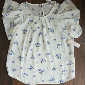 Iris Floral Puff Sleeve Blouse - Cream and Blue